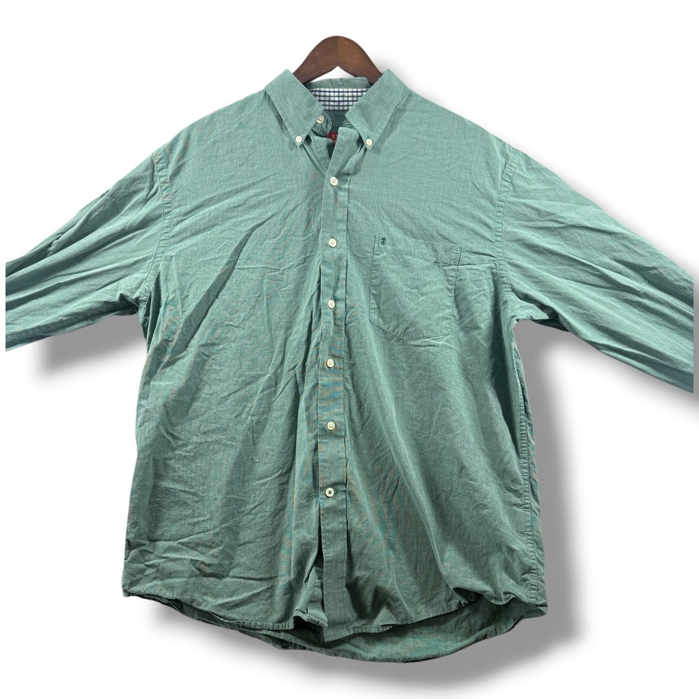 Izod Mens Green Long Sleeve Button Down Shirt Plaid Collar Trim Size Large